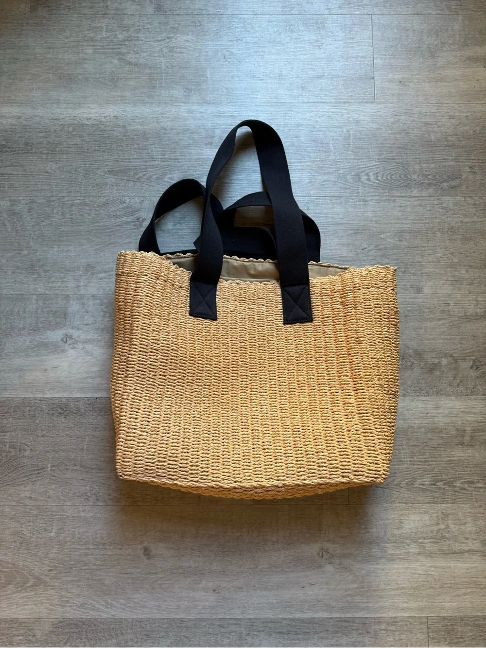 AllSaints Izzy Paper Straw Raffia Tote Bag in Natural and Black Straps